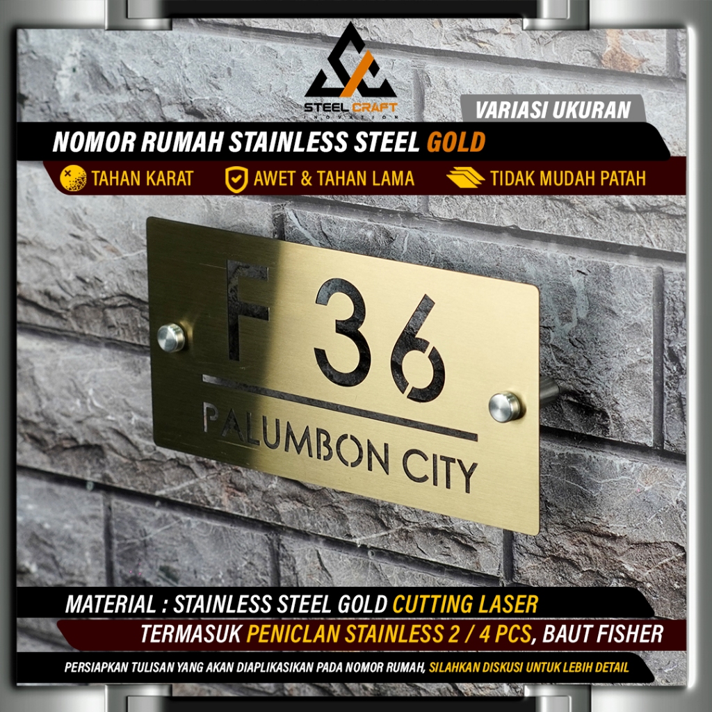 Nomor Rumah Stainless Gold Sederhana