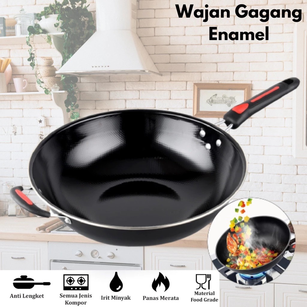 Wajan enamel KUPING 32cm dengan gagang - Wajan Penggorengan / Wajan anti lengket enamel Wajan enamel