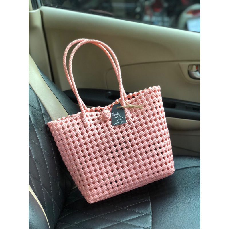 NOIE BAG PEACH/TOTE BAG JALI/TAS ANYAMAN HANDMADE/TAS JALI HANDMADE/TAS ANYAMAN JALI/WOVEN BAG/RECYC