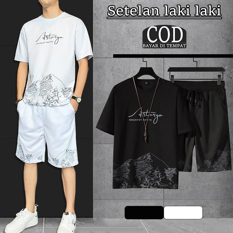 Baju Satu Set Pria Setelan laki laki Baju Setelan Korea Kaos pria+celana pendek pria jumbo import
