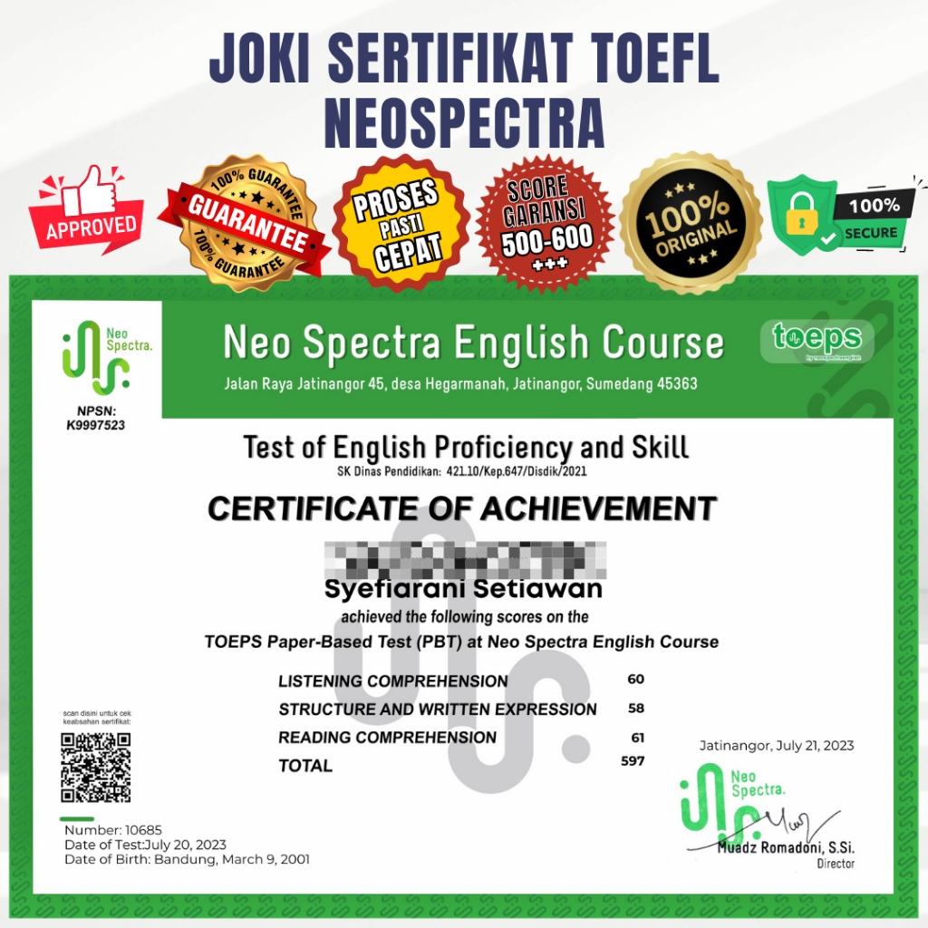 SERTIFIKAT TOEFL NEOSPECTRA RESMI TEKNIS ONLINE