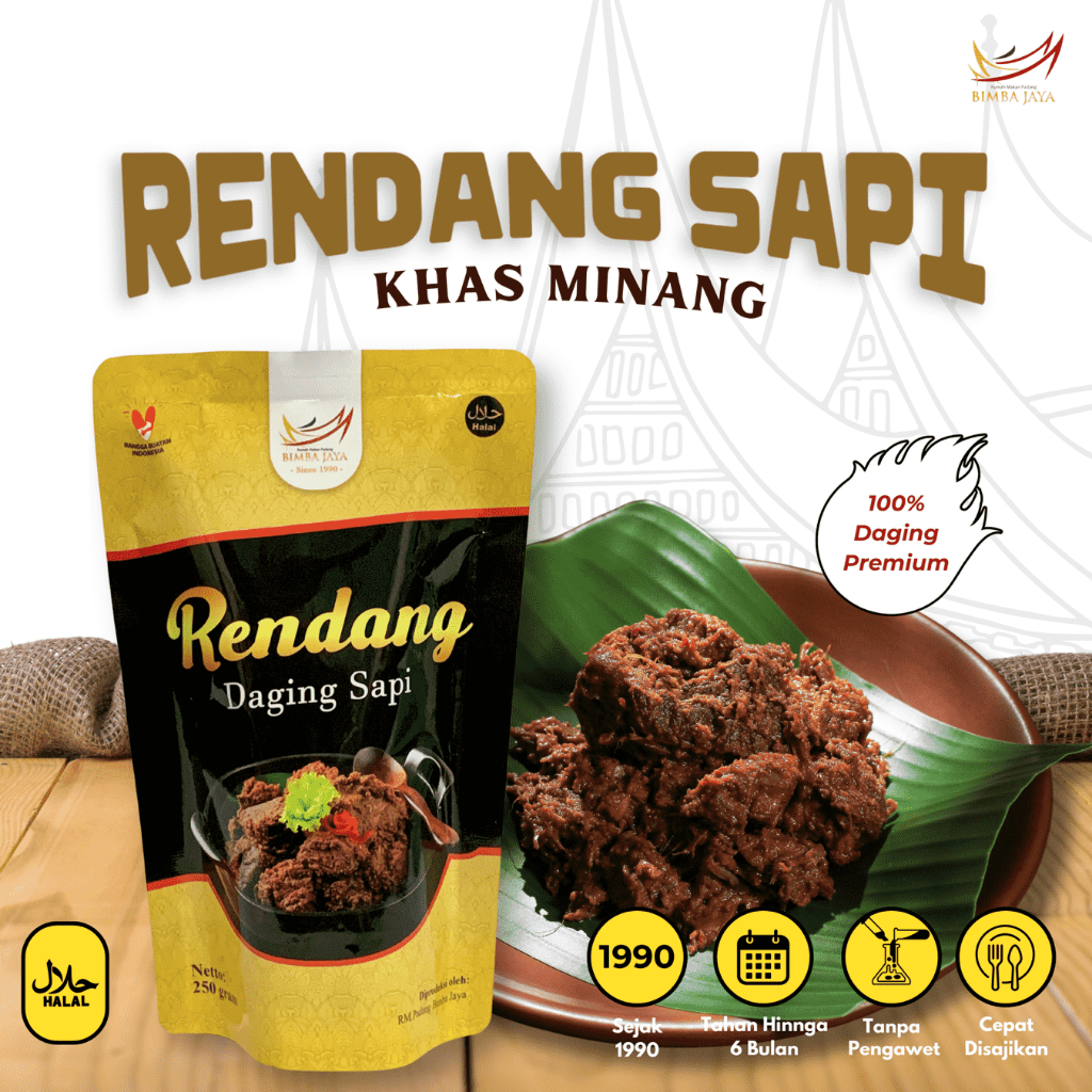 

Rendang Daging Sapi Minang Asli Padang Tahan Lama Kemasan Sachet 300 gr BIMBA JAYA Instan Siap Saji