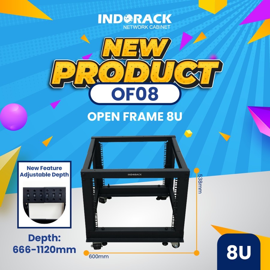 OF08 Indorack Open Frame 8U Depth Adjust 666 - 1120mm 8U