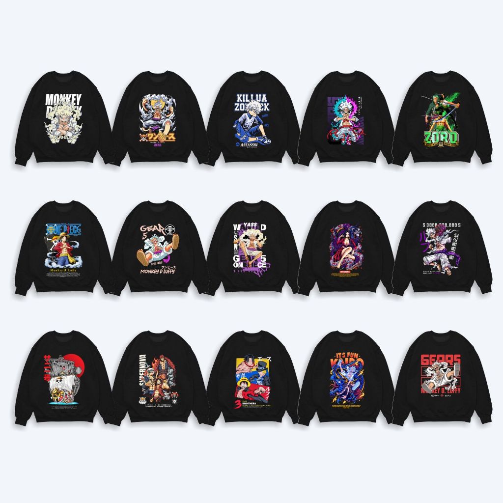 Crewneck Anime Pria Wanita Killua Zoldyck Roronoa Zoro Luffy One Piece Hitam