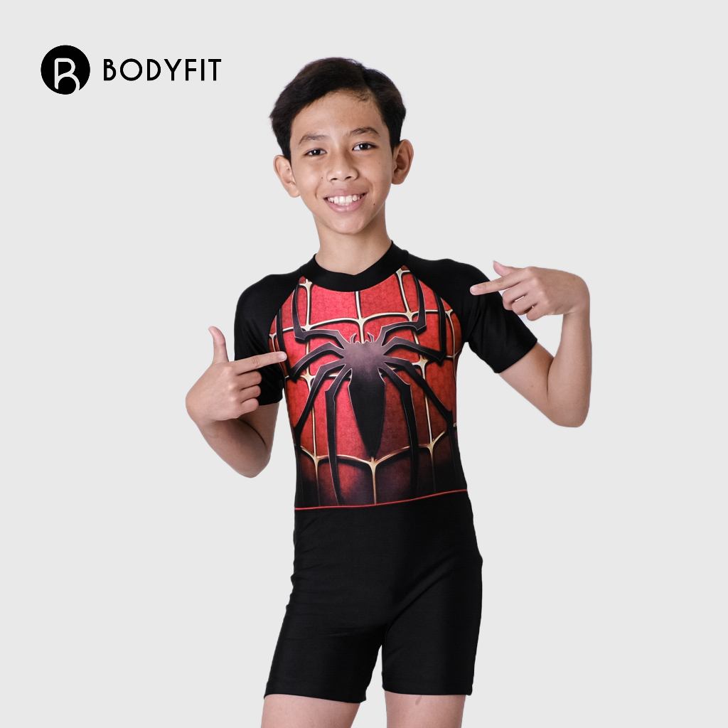 Bodyfit Spiderman Swimsuit Kids Black | Baju Renang Selam Pendek Anak Laki-Laki