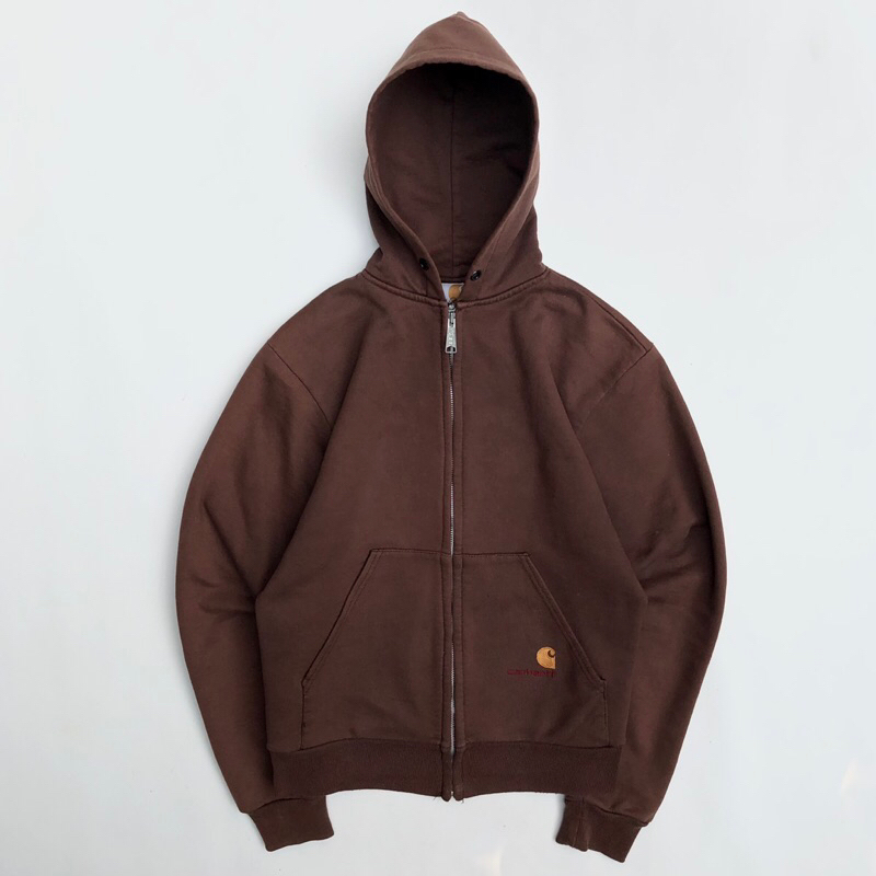 1990s — Vintage Carhartt Thermal Lined Zip Up Dark Brown Hoodie