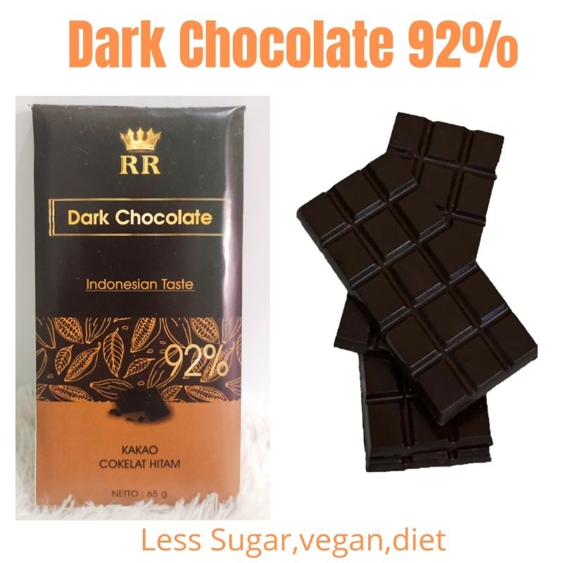 

Bar Cokelat Dark 92% Netto 70gram. Less Sugar, Vegan, Diet!