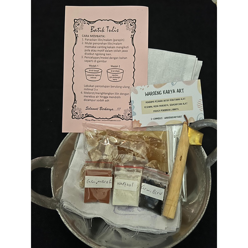 

Paket Lengkap Batik Premium Kompor Spirtus, Wajan, Canting, Lilin malam, Kain, Remasol, Soda Api | Prakarya | Batik