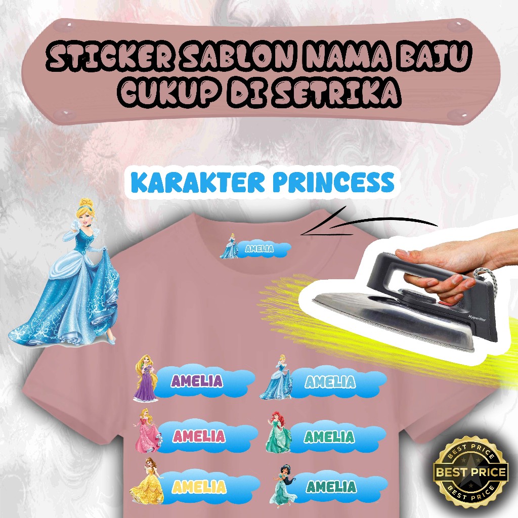 

RZT009 - SABLON SETRIKA LABEL NAMA ANAK KARAKTER PRINCESS / KAOS SABLON SETRIKA / CUSTOM NAMA ANAK LUCU SABLON DTF (CUKUP DI SETRIKA)