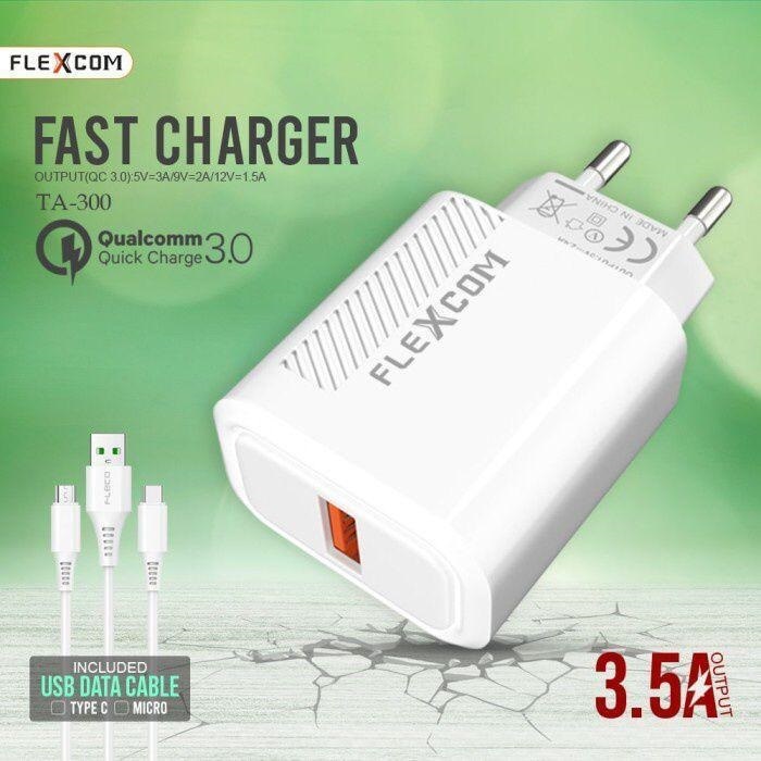 Charger FLEXCOM TA-300 Qualcomm Quick Charge 3.0 Fast Charger 3.5A Output Included USB Data Cable