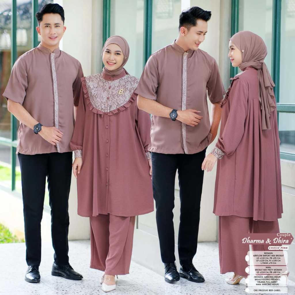 Dharma dan Dhira Set Couple Dress Koko Muslim Airflow Mix Brokat Motif Polos