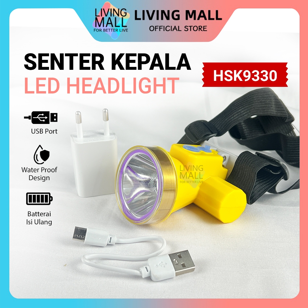 Senter Kepala Headlight LED / Senter Kepala Travel / Senter Kepala Charger HSK-9330 LED Putih