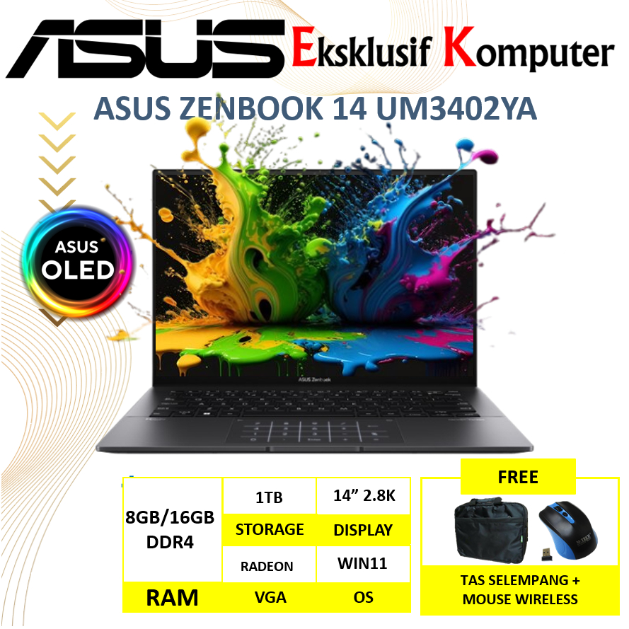 Laptop Asus Zenbook 14 OLED Touchscreen UM3402YA Ryzen 7 7730U 16GB 1TB SSD 14" 2.8K OLED Touch W11