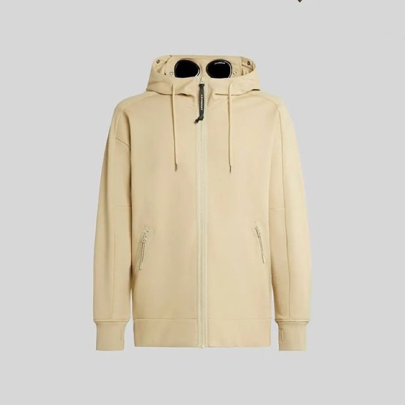 CP Company Diagonal Fleece Goggle Zip Hoodie Jacket In Beige
