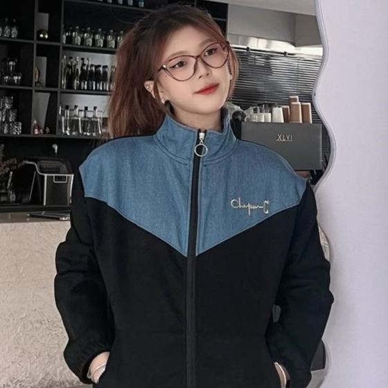Jaket Bomber Zipper Turtleneck Wanita Premium Suede Bludru Kombinasi Denim Allsize - ChapanC