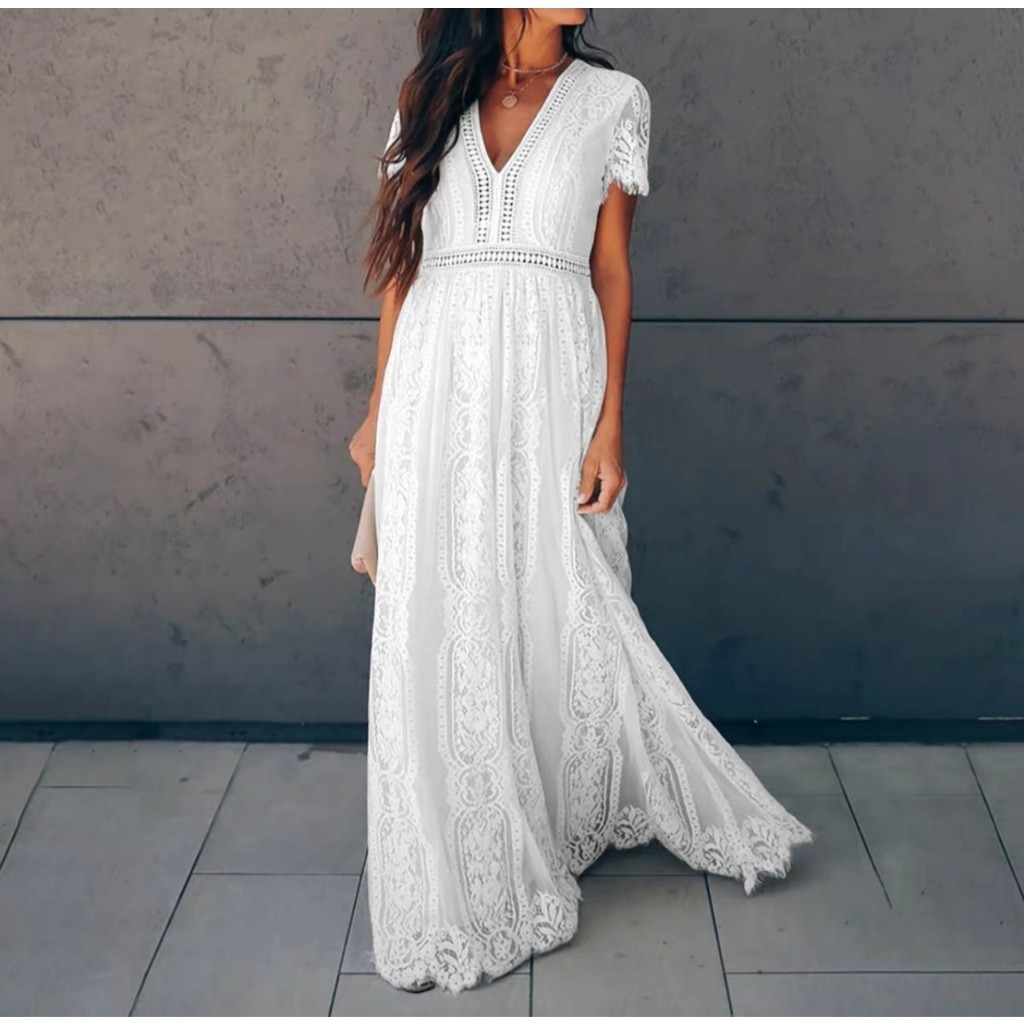 Lace Dress /Elegant Dress /Party Dress /baju pantai wanita /putih maxi long Dress D0152