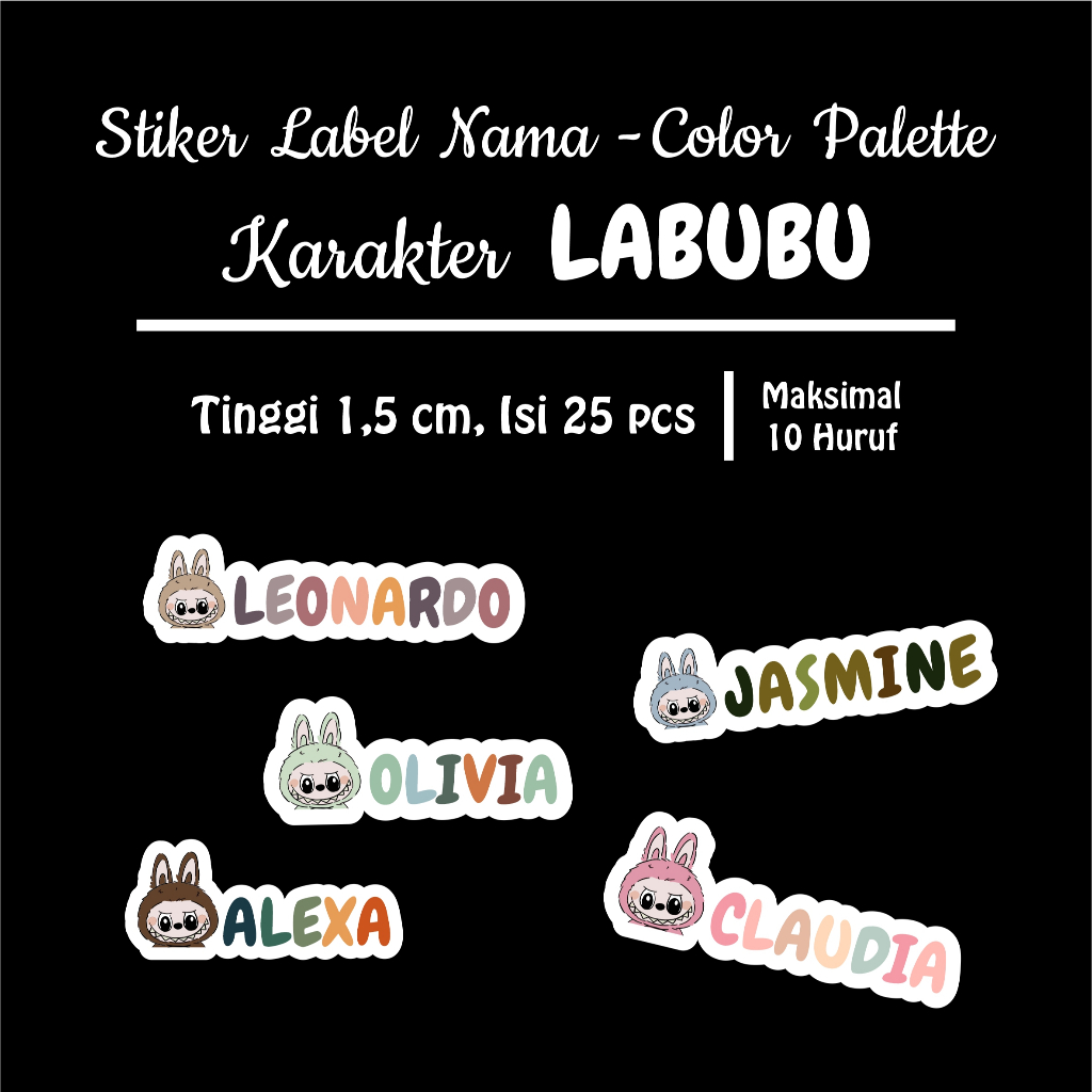 

25 pcs Stiker Label Nama CUSTOM LABUBU Cutting - Colorfull, Waterproof, Anti Luntur