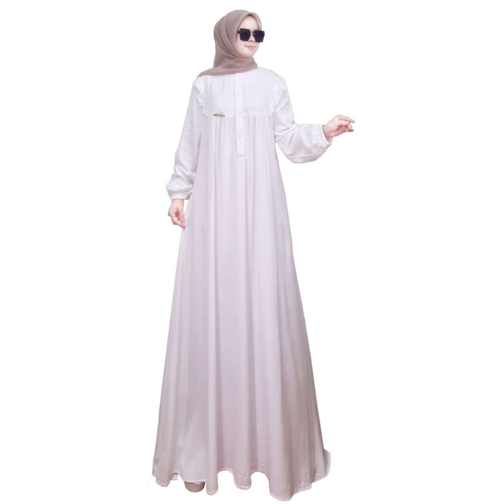 Nhm-Gamis Dress Putih Muslim Polos Rempel Busui Rayon Twill 602-1204