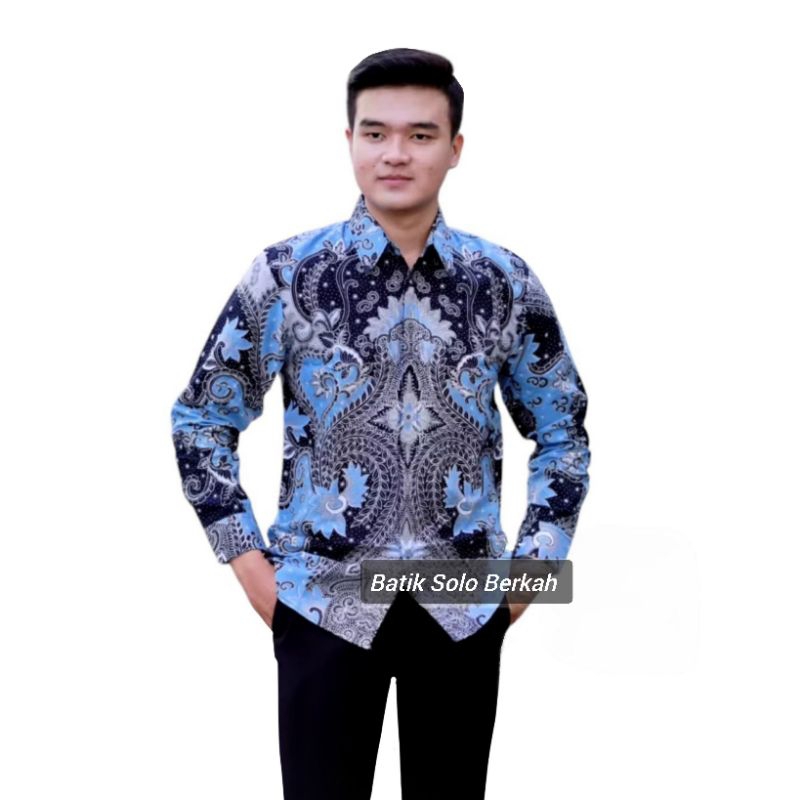 LAKESWARA BIRU MUDA Baju Batik Katun Lapis FURING Hem Atasan Baju Kemeja Batik Pria Lengan Panjang B