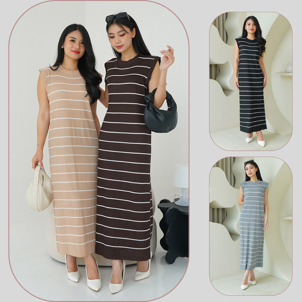 DAP - Long Dress Lengan Pendek Garis Rajut Frillmingo