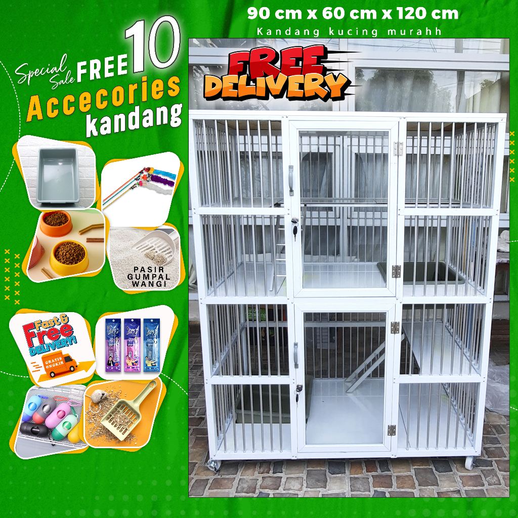 kandang kucing aluminium 2 pintu besar jumbo kuat anti karat free accesories