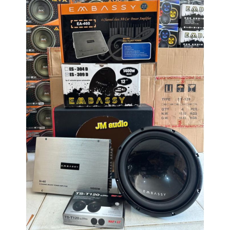 Paket Audio Mobil EMBASSY 12INCH 1400 Watt( Power 4ch Embassy EA460,Subwoofer Embassy ES 309D)