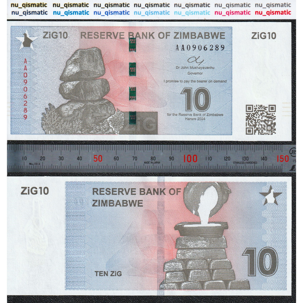 Uang Zimbabwe 10 ZiG (Zimbabwe Gold), 2024 with QR Code, UNC Baru Super Gress P# 110a, bl