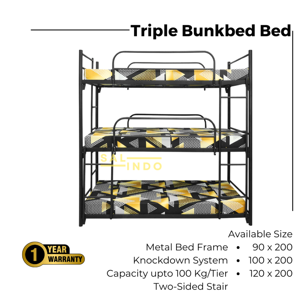Metal Triple Bunkbed Ranjang Besi 3 Tingkat 90x200 100x200 120x200 (S3)