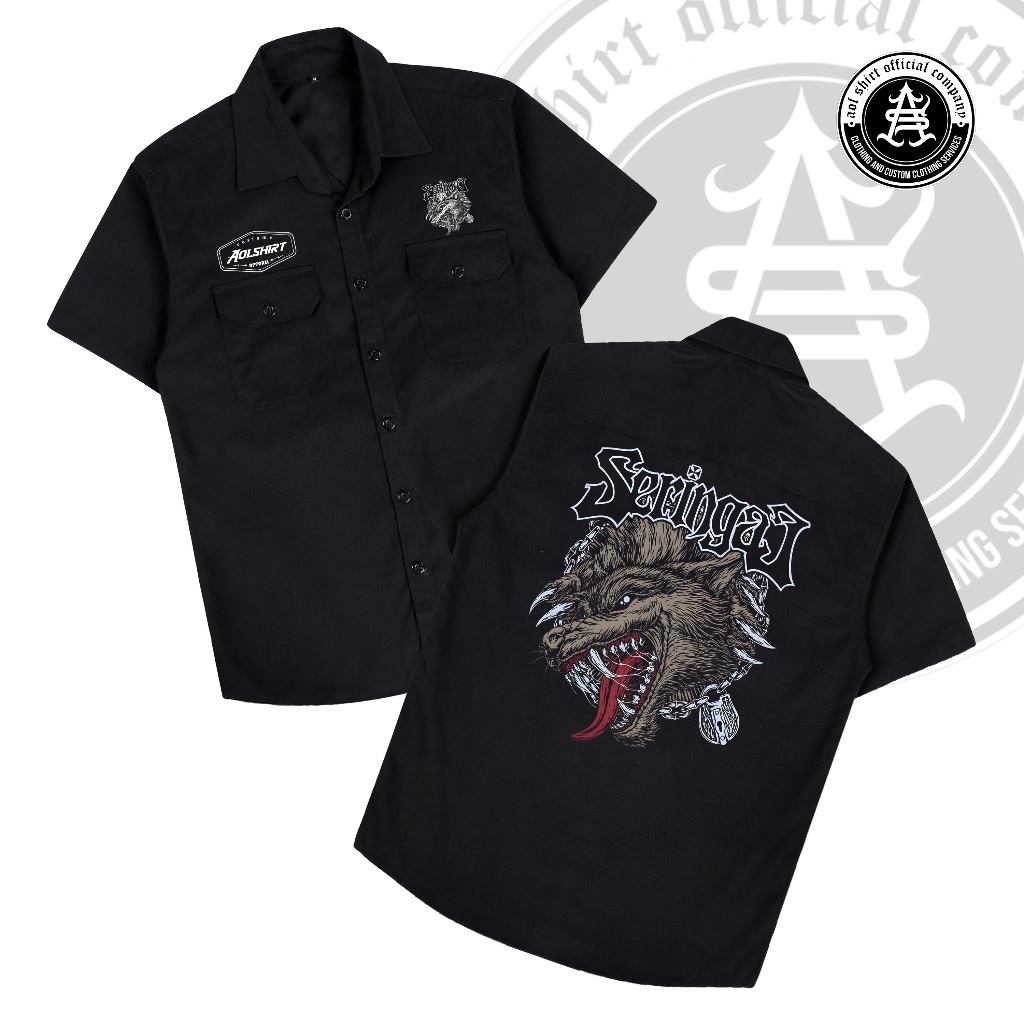 SERINGAI HEAD WOLF Workshirt Metal / Kemeja Workshirt Pria Hitam / AOLSHIRT