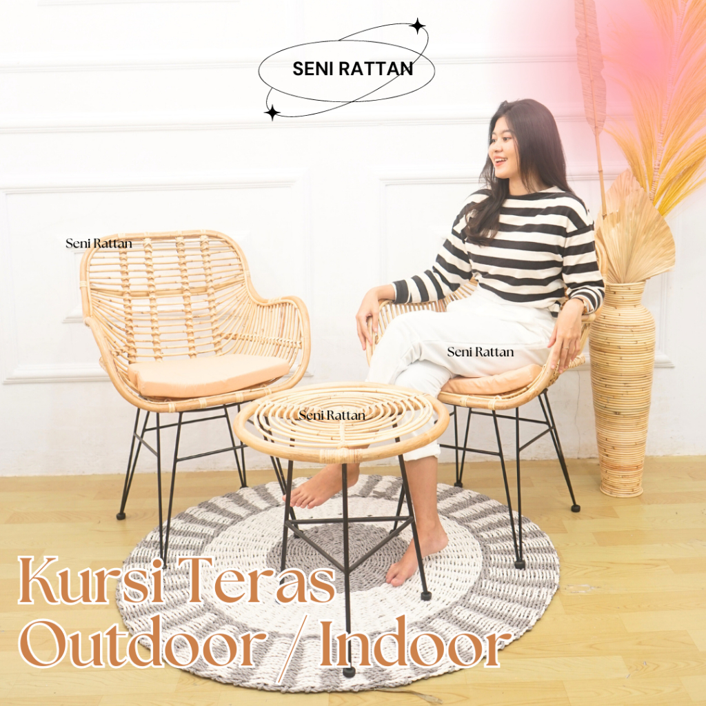 SET KURSI TERAS / KURSI CAFE ROTAN MINIMALIS DENGAN BANTAL / KURSI MAKAN BAR ROTAN ASLI FINISHING ME
