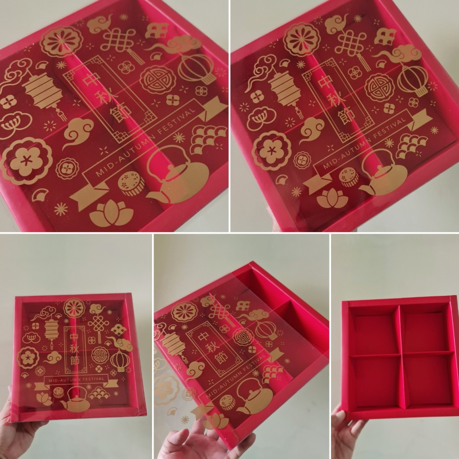 

5 Pcs Dus Mika Transparan Packaging Mooncake Box Hampers Imlek sekat 4 warna Merah tua ukuran 22 x 22cm