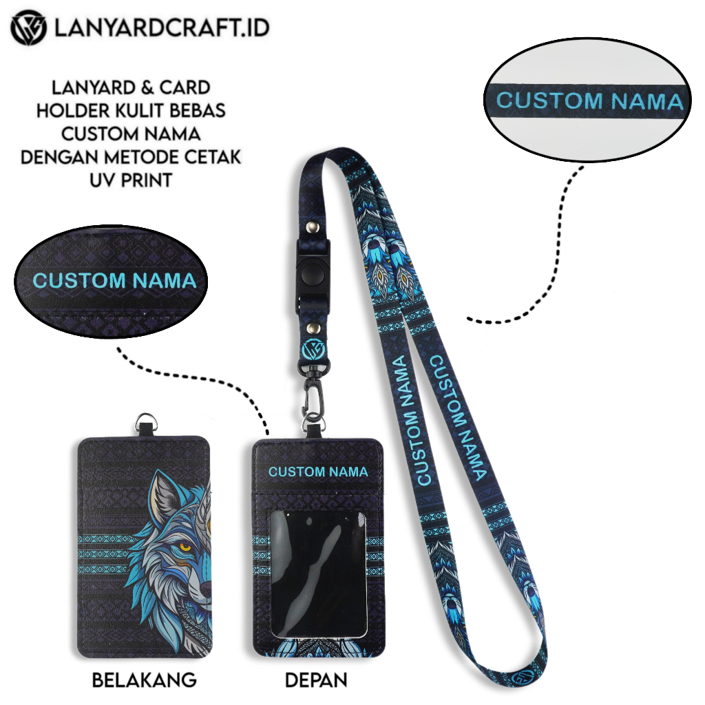 

V1 Id Card Holder Leather Custom + Lanyard Custom Nama Wolf Series Gantungan Tali Lanyard Holder Id Card Kulit UV Print