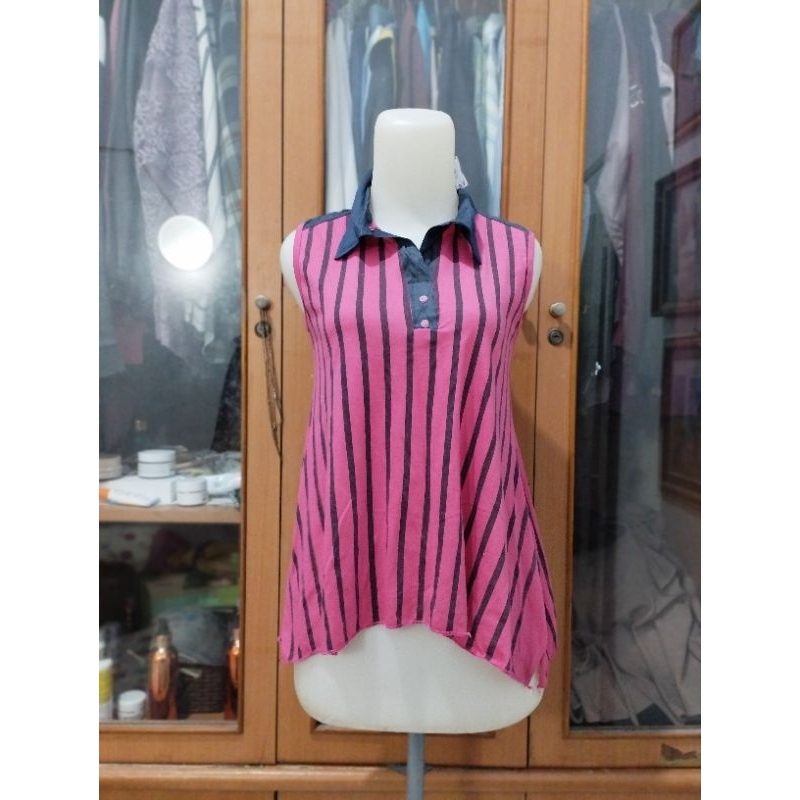 Kaos atasan cewe berkerah kaos salur tanpa tangan perempuan preloved L 2045