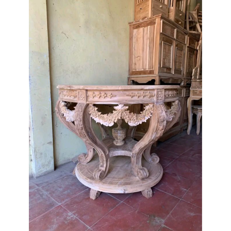 meja bulat fas bunga ukir kayu jati furniture mebel