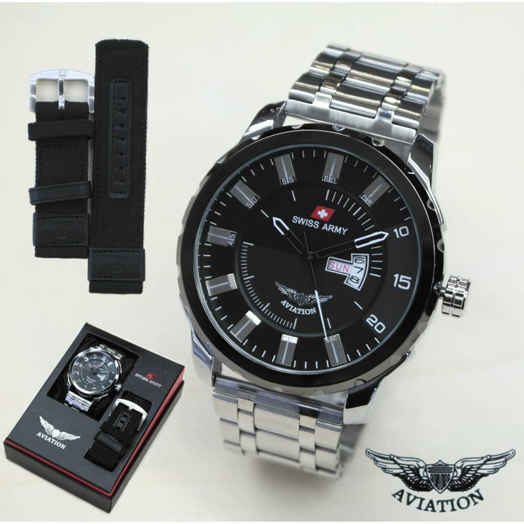 Jam Tangan Pria Aviation 5528 Free Box & Strap Canvas Cadangan