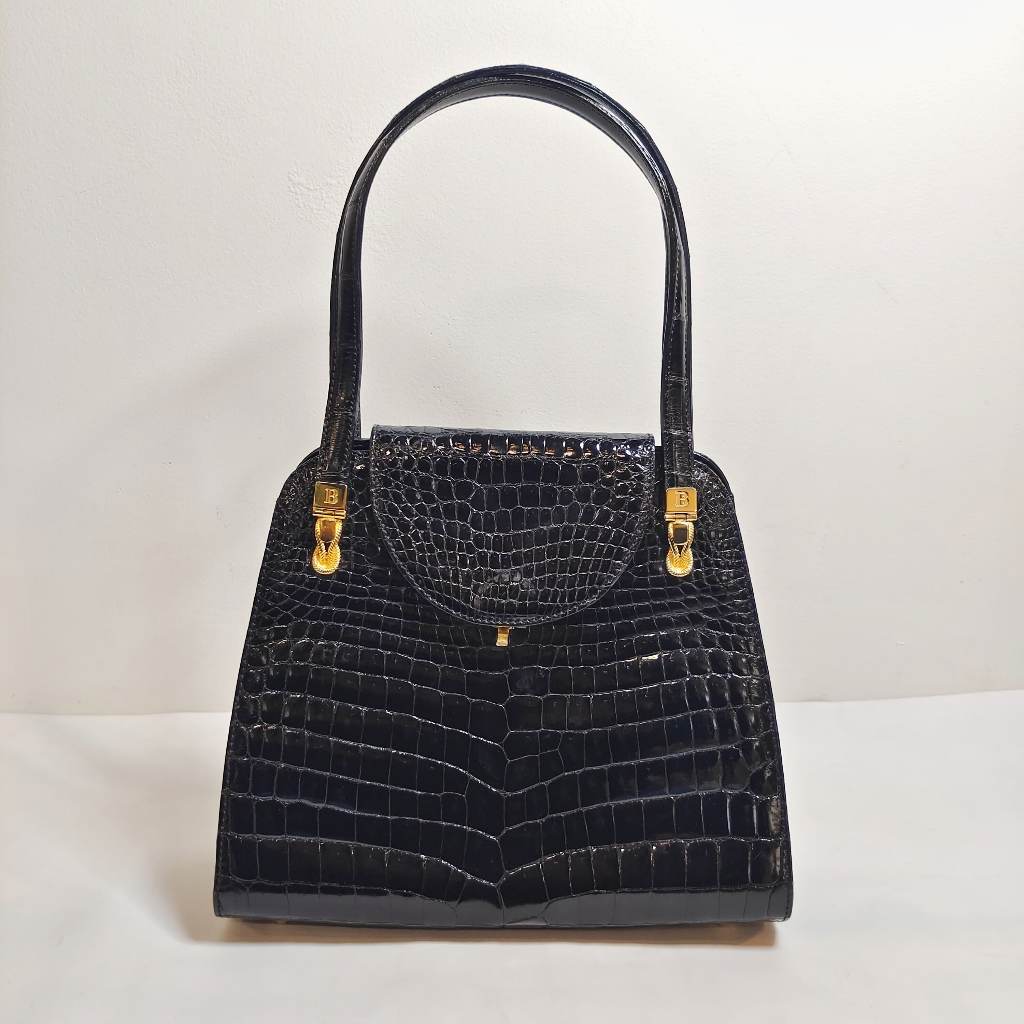 Bally Croco Embossed Black Leather Hand Bag Preloved Original Tas Bahu