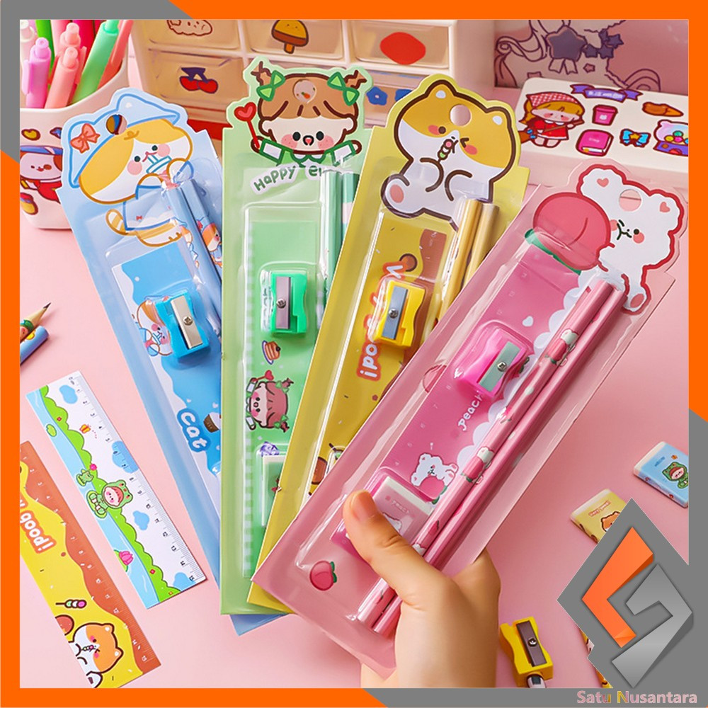 

SN-A71 Alat Tulis Set Stationery Sekolah Pensil Set Anak Karakter Kartun Lucu / Perlengkapan Sekolah Anak Penghapus Penggaris Pencil Set Import