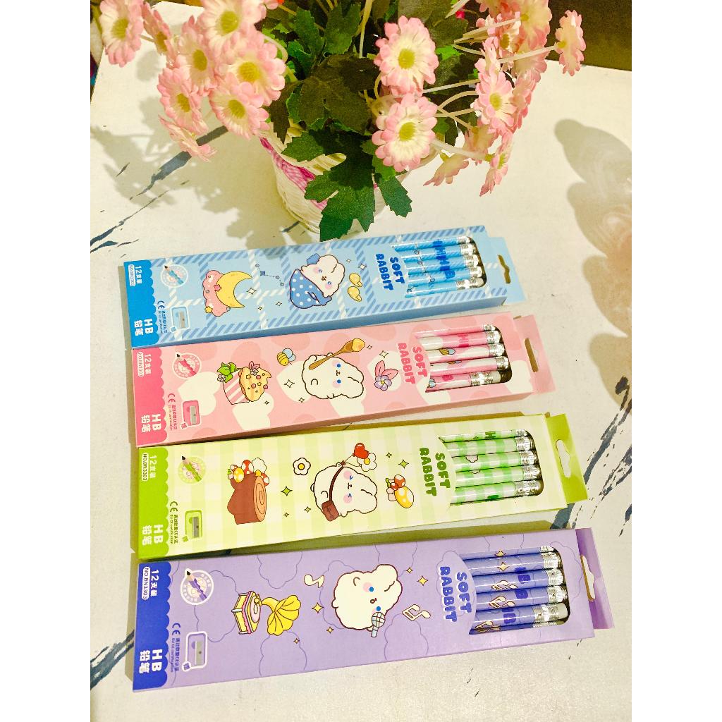 

PENSIL MOTIF HB isi 12 SOFT RABBIT BUNNY KELINCI Pink, Blue, Purple and Green