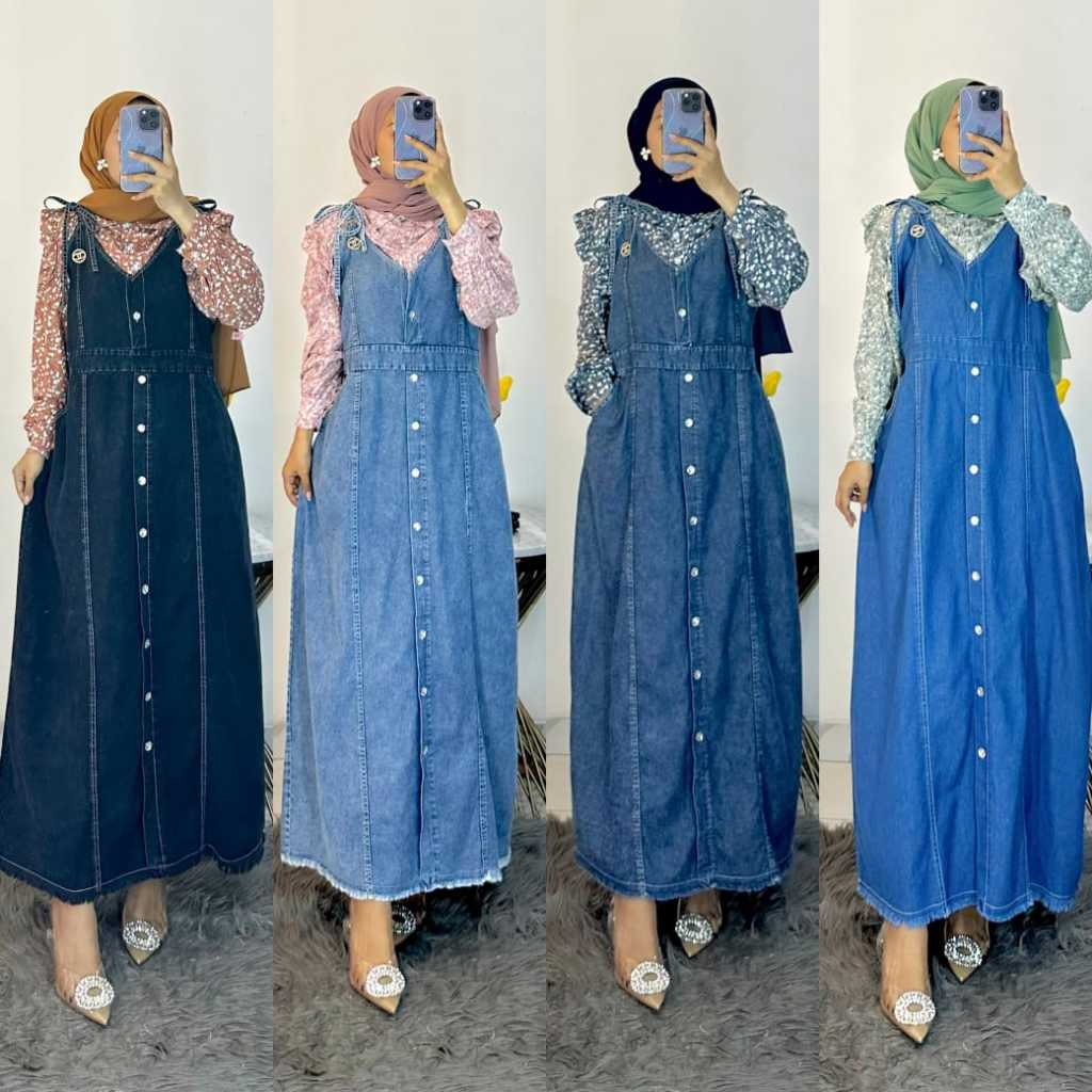 ALICIA DRESS BAHAN DENIM WASH PREMIUM KOMBINASI RAYON BUNGA / MAXY DRESS JEANS