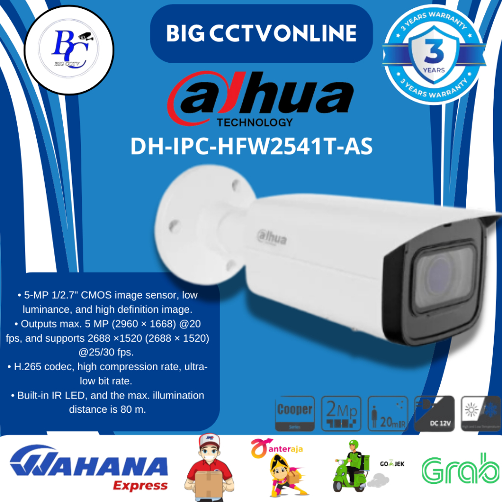 Camera Dahua DH-IPC-HFW2541T-AS - DAHUA IP CAMERA 5MP OUTDOOR BULLET WIZSENSE