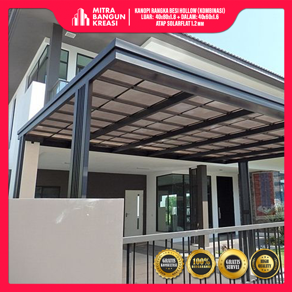 Harga Kanopi Solarflat 1.2mm Rangka Kombinasi Besi Hollow Galvanis Luaran 40x80 Isian 40x60 [KH015]