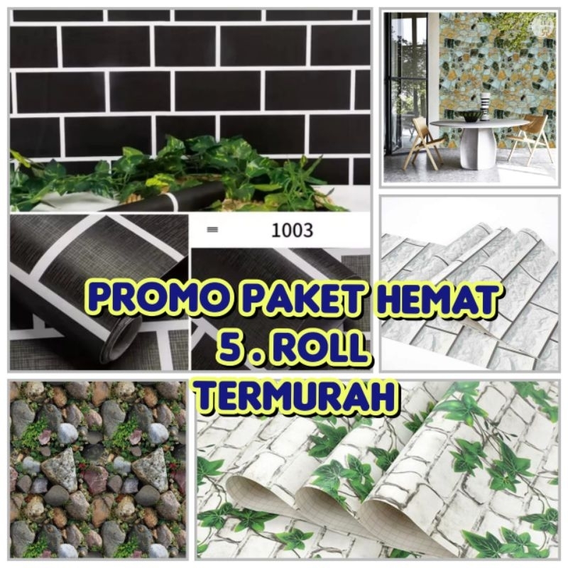 PAKET HEMAT 5 ROLL WALLPAPER DINDING STIKER DINDING MOTIF BATU BATA HITAM LIST PUTIH BATU BATA PUTIH