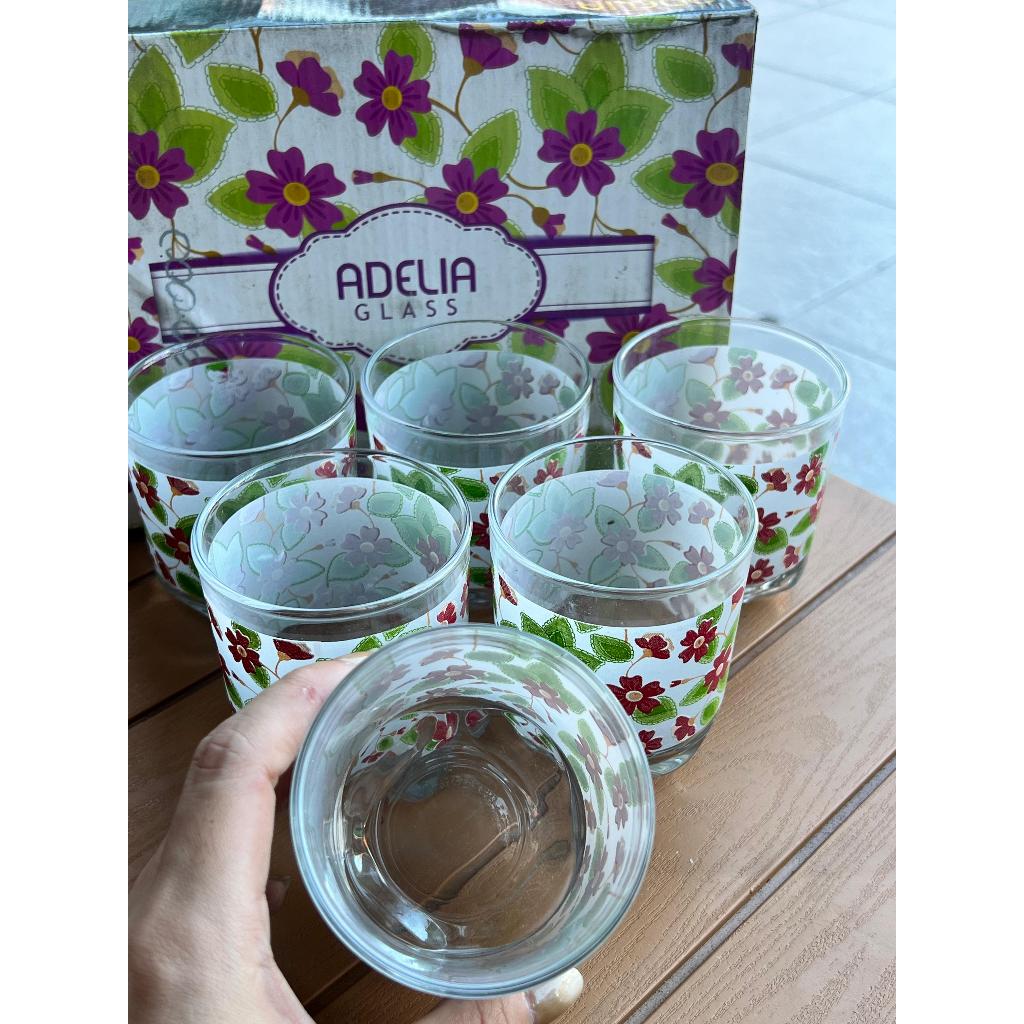 Gelas Kaca Mini / Gelas Sloki / Gelas Shot Motif Bunga Hijau 1set isi 6 / Satu set Gelas Souvenir