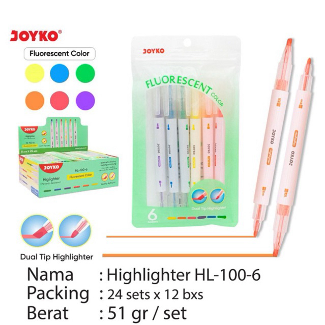 

( 1 set = 6 pcs ) HL 100 6 Joyko Highlighter and Spidol Permanen Dual Tip HL-100-6 / Penanda 2 kepala dan Permanent Marker Berwarna Neon isi 6 warna HL100