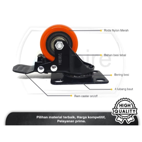FUKUDA Roda Kastor 2 Inch ORANGE TEBAL PLUS REM / Castor Swifel Plate Etalase Troli PER SET