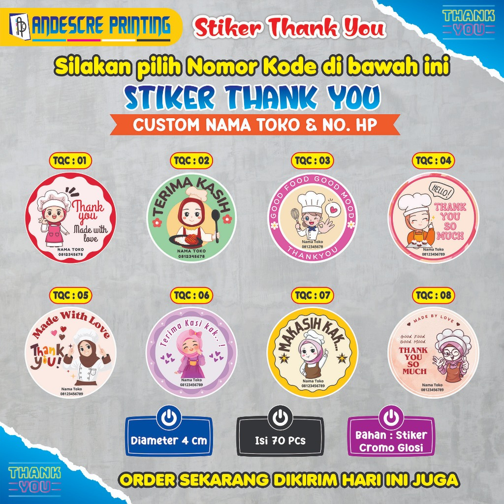 

Cetak Stiker Label Thank You/Ucapan Terima kasih/ Custom Label Nama Toko + HP/Label Bulat diameter 4 cm