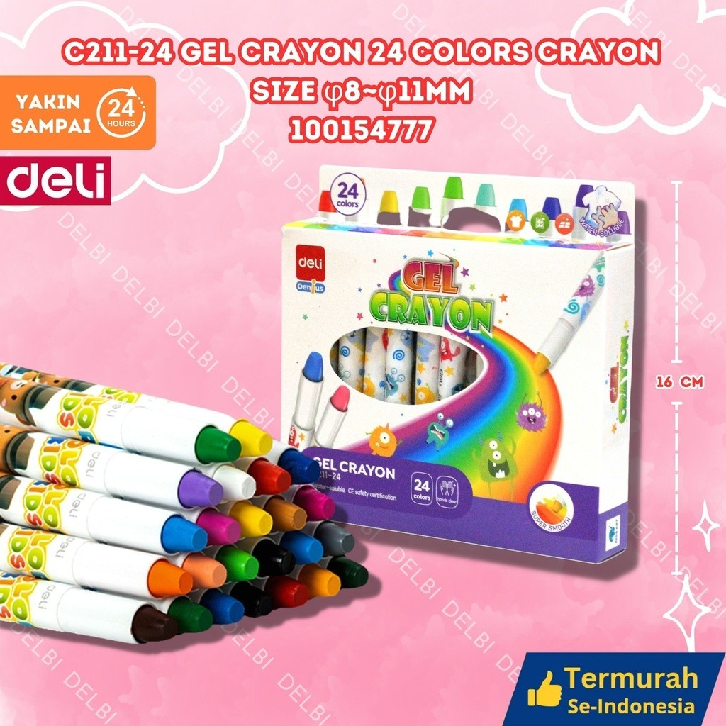 

Deli Gel Crayon / Krayon 12 24 Warna Tidak Mengotori Tangan Bersertifikat Aman EC211 C211-24 Gel Crayon 24 Colors Crayon size φ8~φ11mm