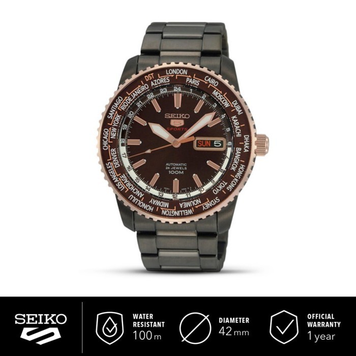 Seiko 5 Sports SRP132K1 World Time Automatic Black Dial Black Stainless Steel - Jam Tangan Seiko