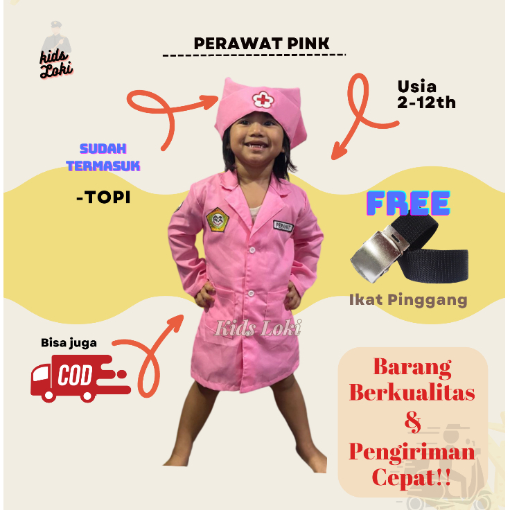 baju perawat anak perempuan warna ping seragam suster anak baju profesi anak perempuan