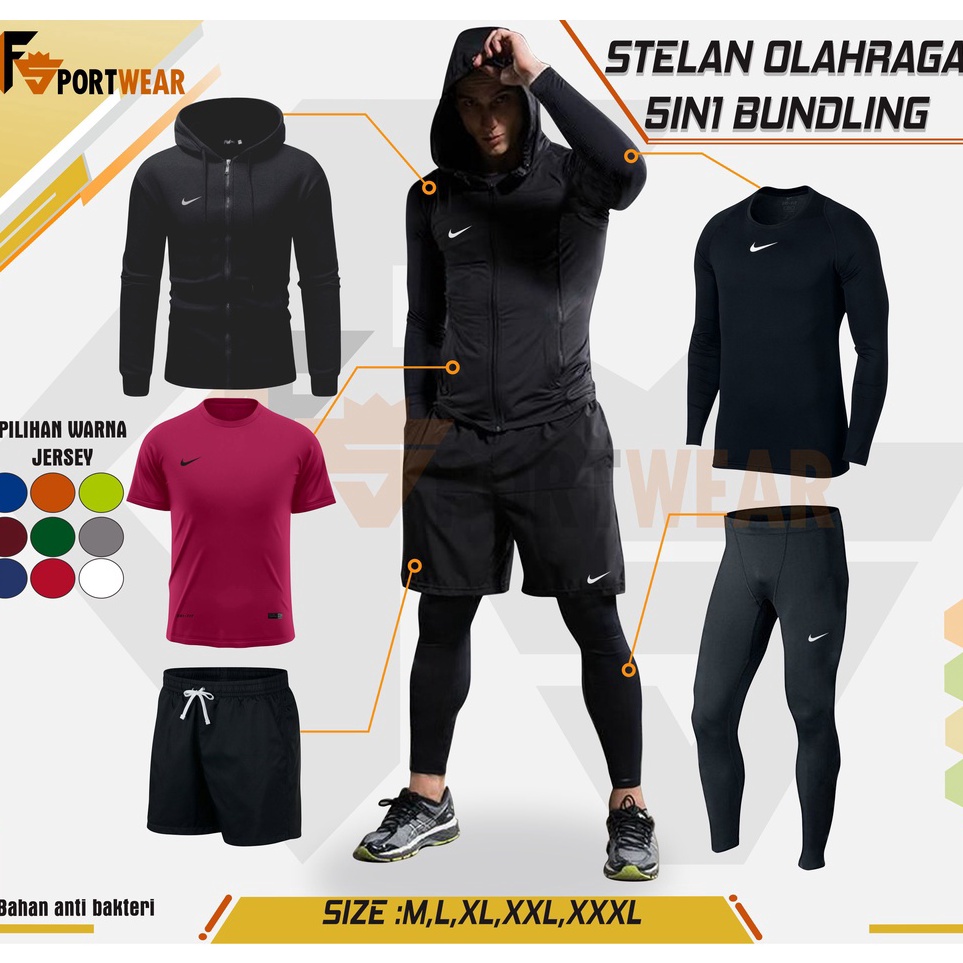 Super Feedback  Paket Hemat Stelan Olahraga Pria 5in1 Jaket Hodie Kaos Manset Jersey Celana Dryfit M